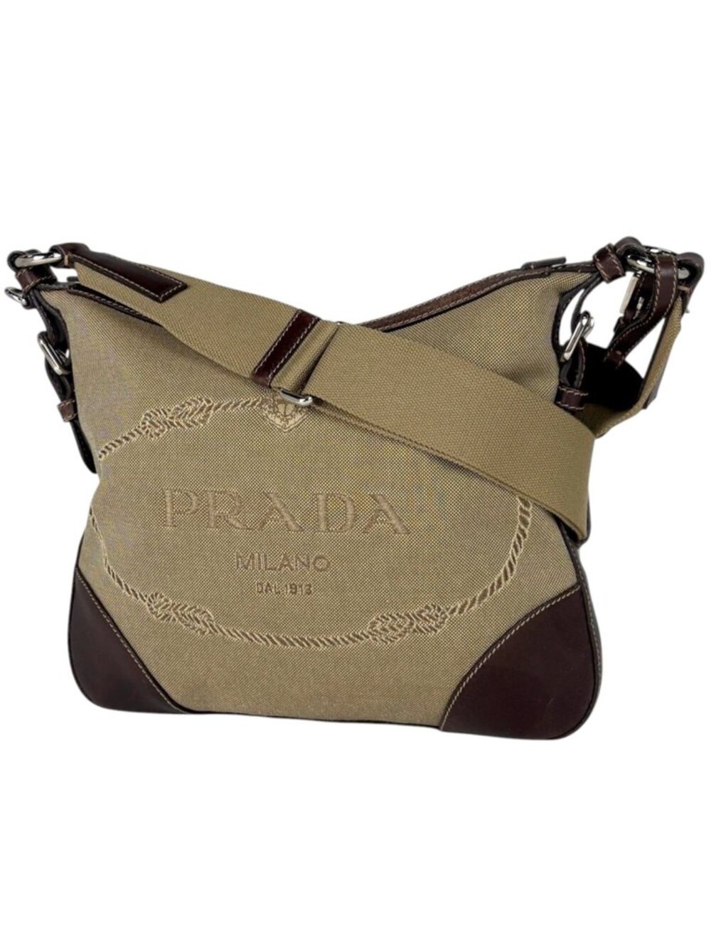 Prada Shoulder Bag Logo Jacquard Canvas Brown